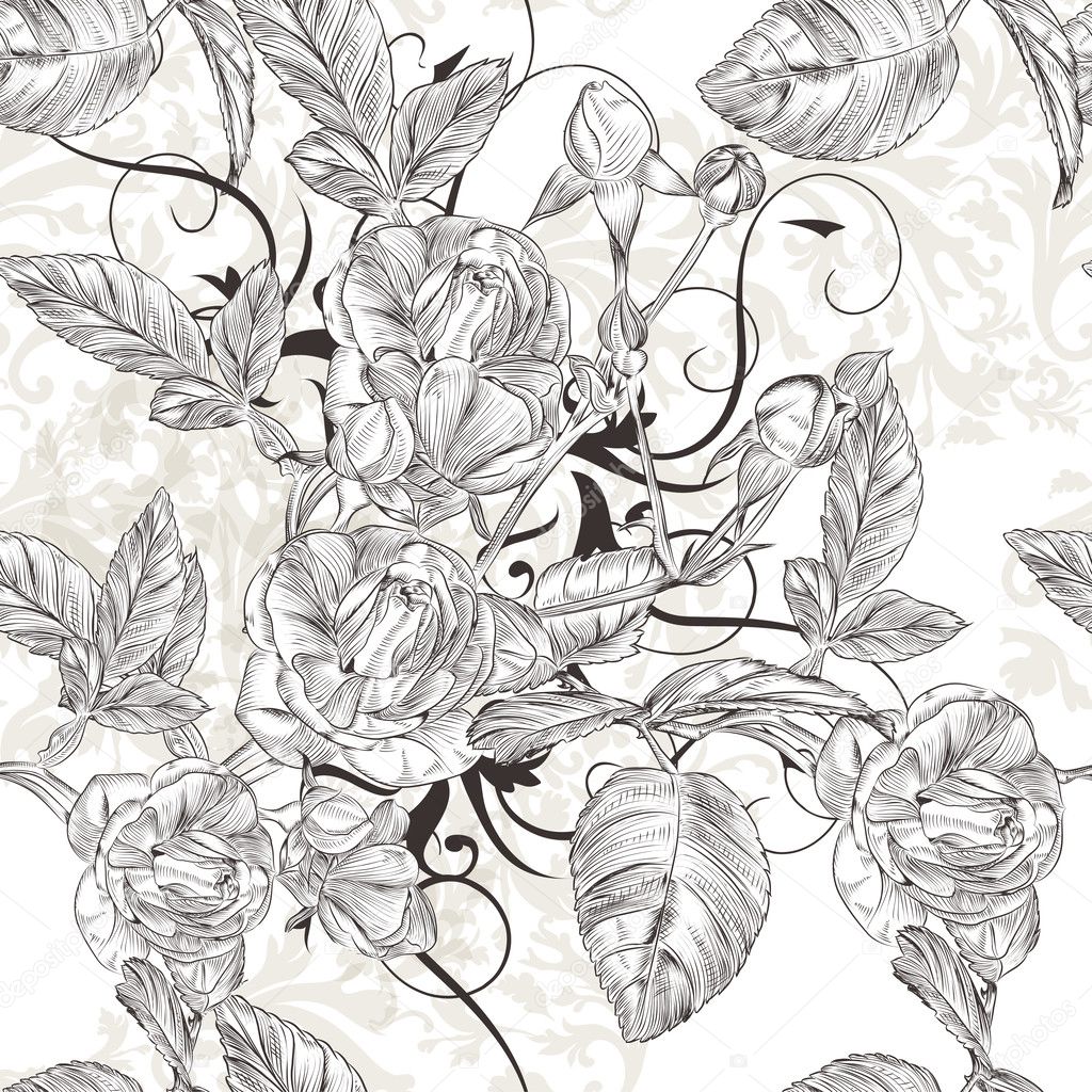 Vector seamless wallpaper pattern with roses flowers