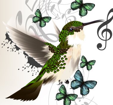 kuş, kelebek ve notlar uğultu ile müzik vektör arka plan
