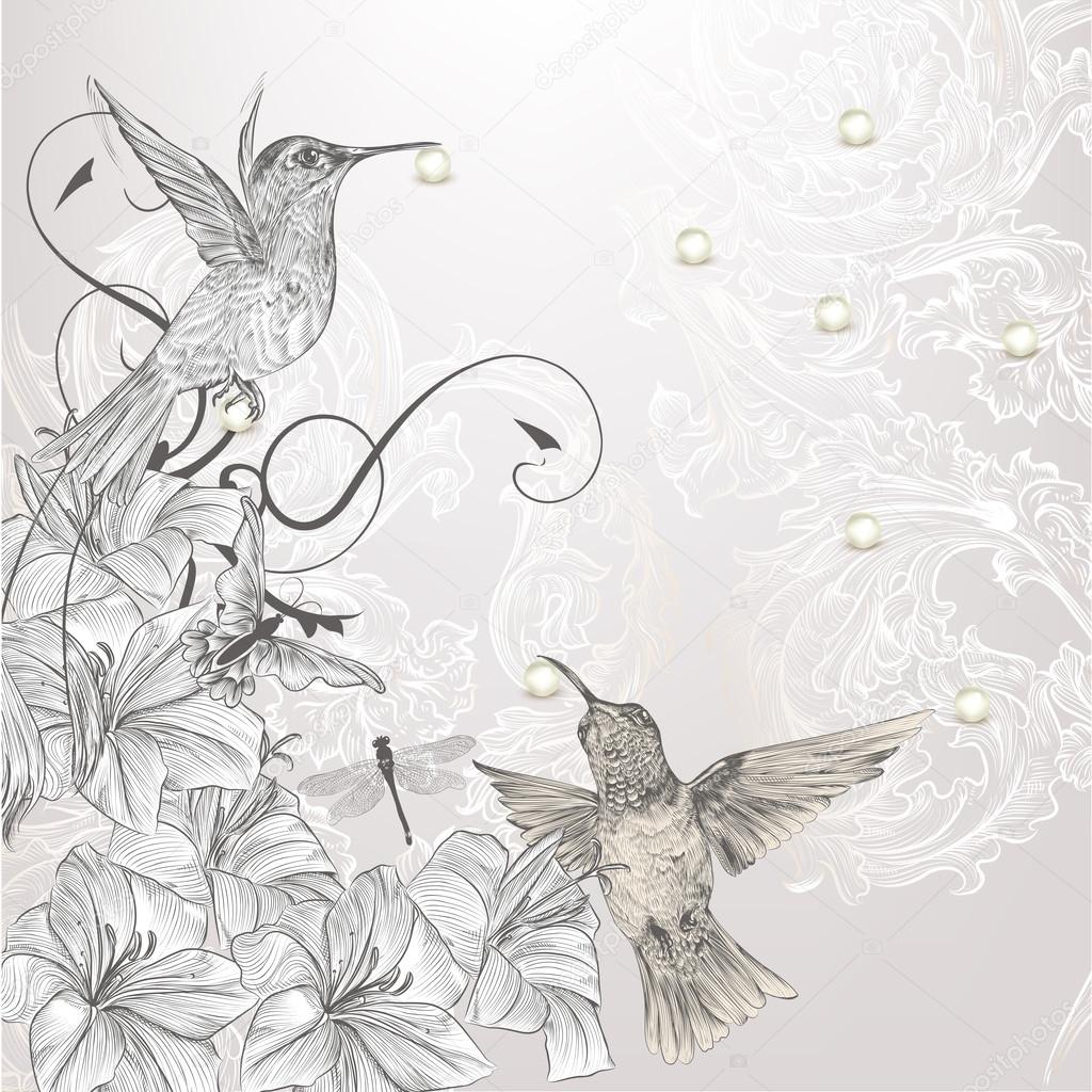Beautiful vector background in vintage style with birds and flow