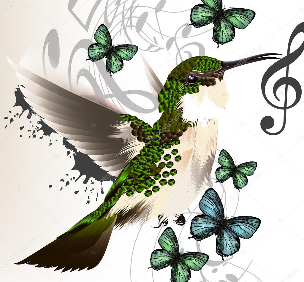 Music vector background with humming bird, butterflies and notes