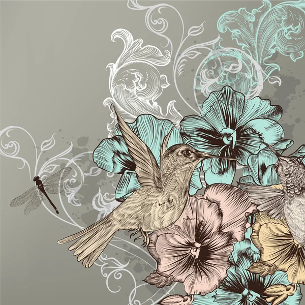 Elegante floral achtergrond met bloemen en kolibries — Stockvector