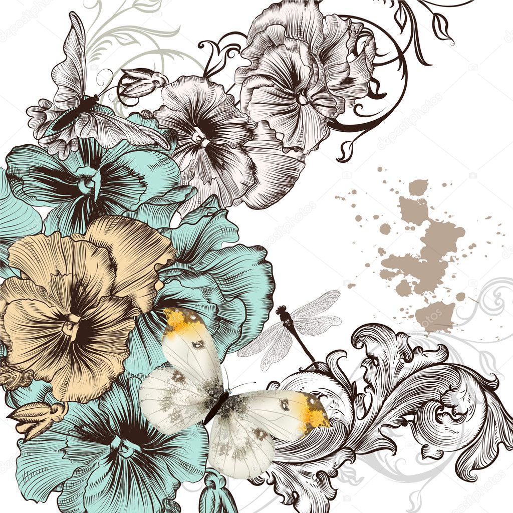 Grunge vector background with violent flowers for design