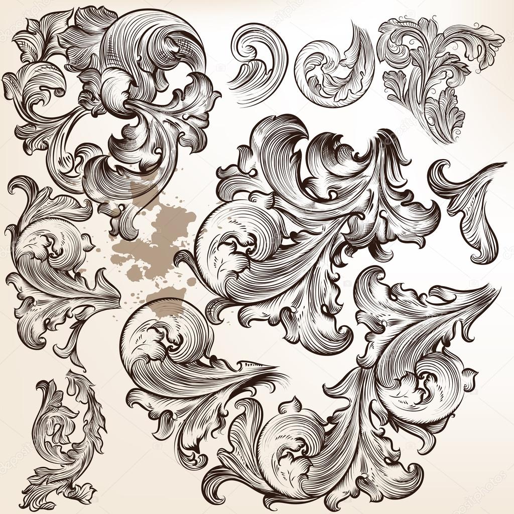 Vector set of swirls in vintage floral style