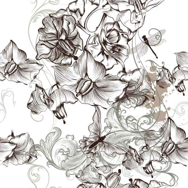 Hermoso patrón de fondo de pantalla floral sin costuras con flores — Vector de stock