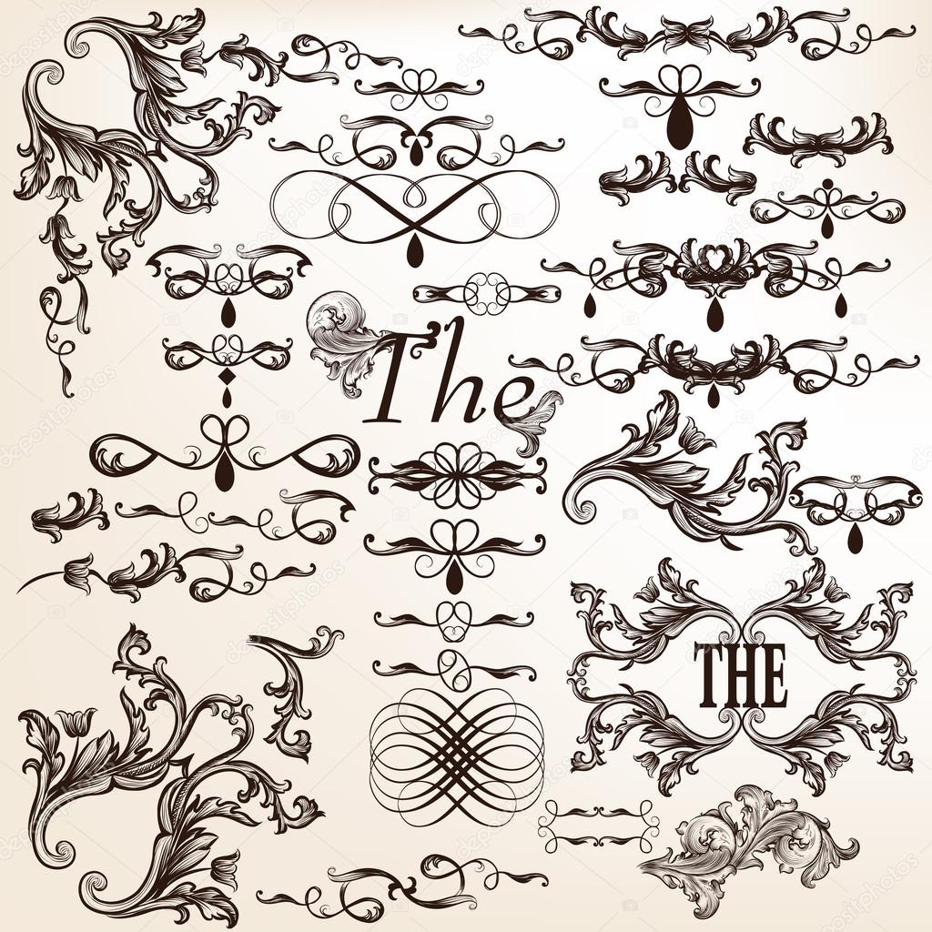 Vector set of decorative calligraphic elements in vintage style