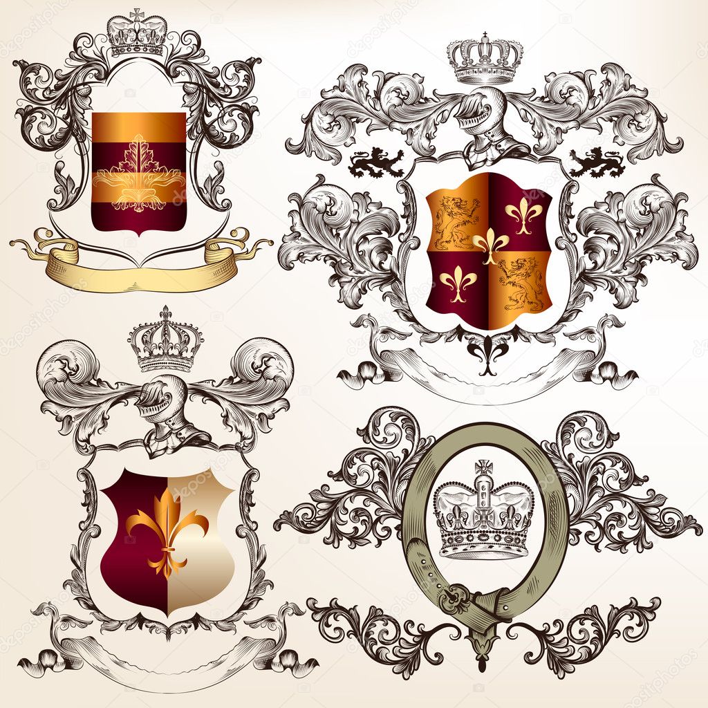 Vector set of detailed heraldic design with coat of arms and shi