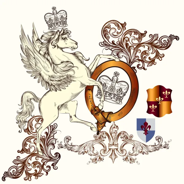 Antieke heraldische design met gevleugelde paard en schilden — Stockvector