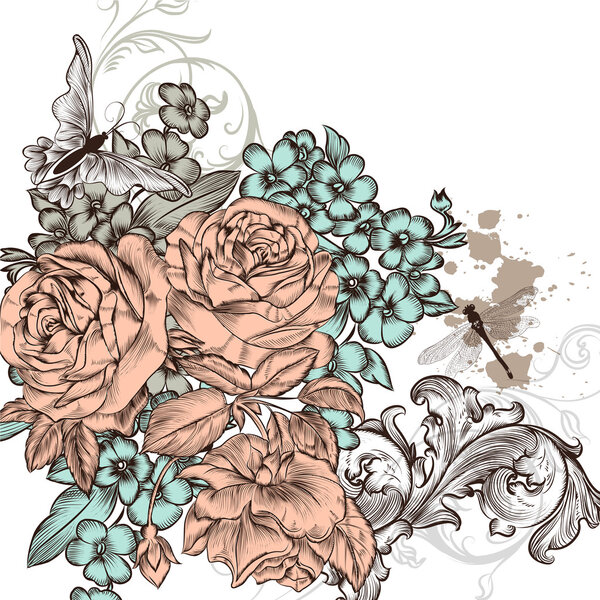 Grunge vector background with roses flowers for design