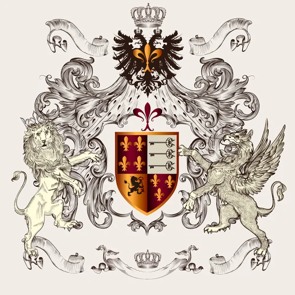 盾、王冠、グリフィンおよびライオン美しい紋章デザイン — ストックベクタ
