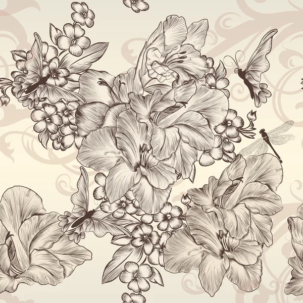 Beau papier peint vectoriel sans couture avec des fleurs en styl vintage — Image vectorielle