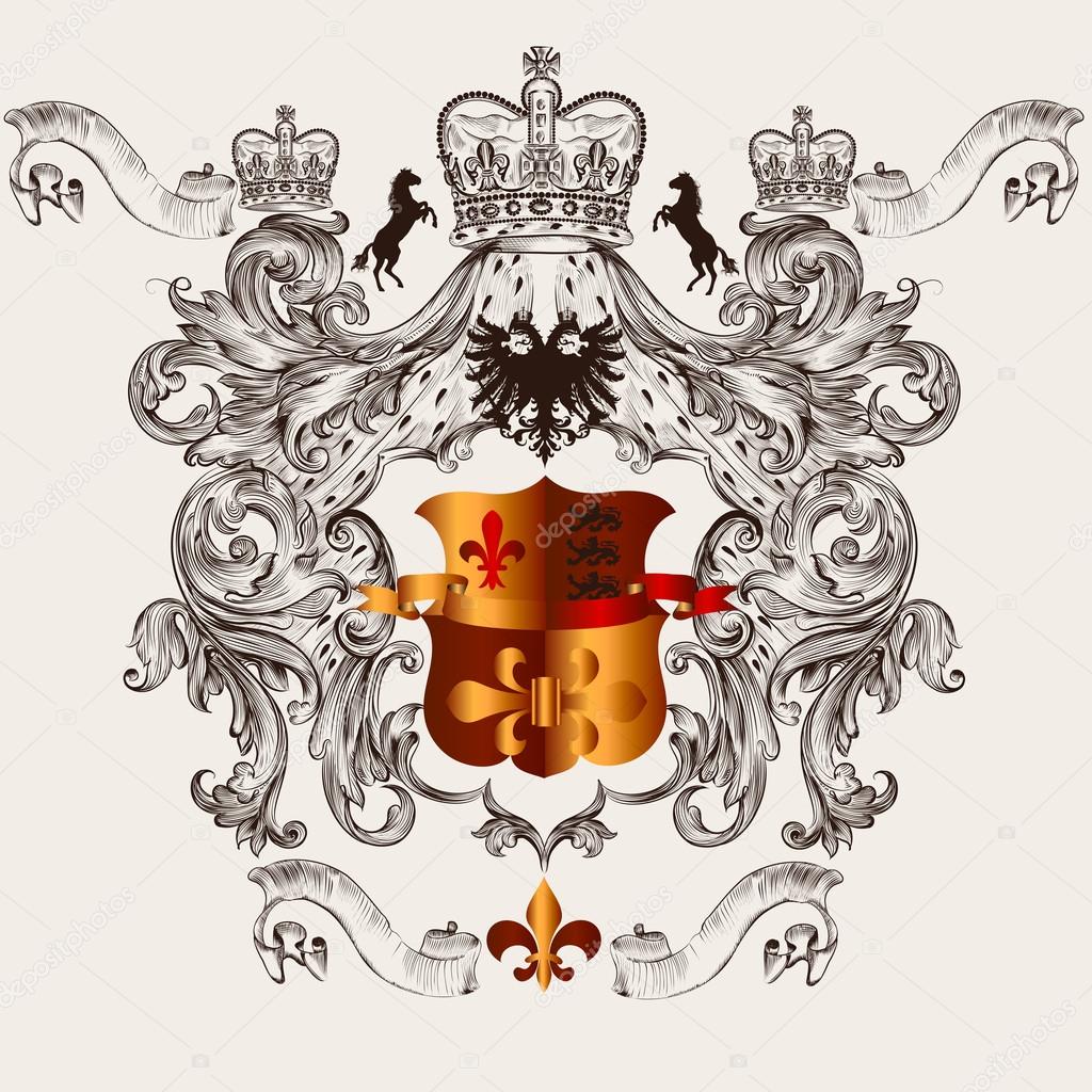 Beautiful heraldic design with shield, crown and fleur de lis