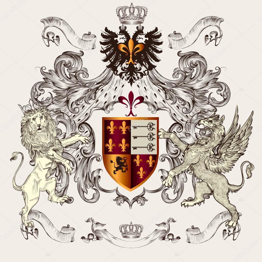 Beautiful heraldic design with shield, crown, griffin and lion