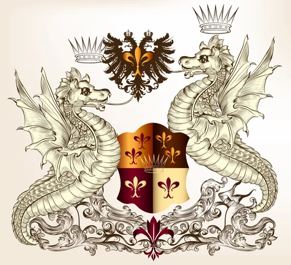 Diseño heráldico con dragones y escudo — Archivo Imágenes Vectoriales