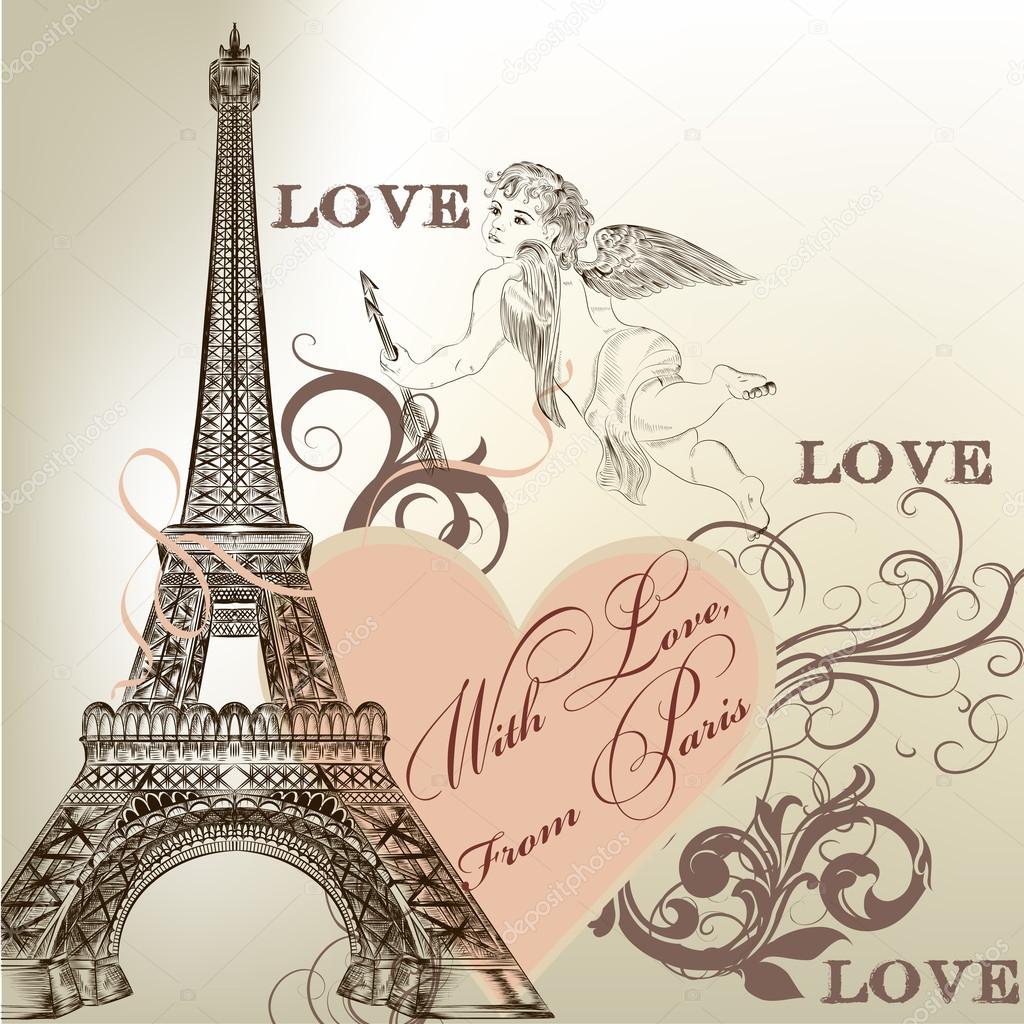 Greeting Valentine card with detailed vector Eiffel tower