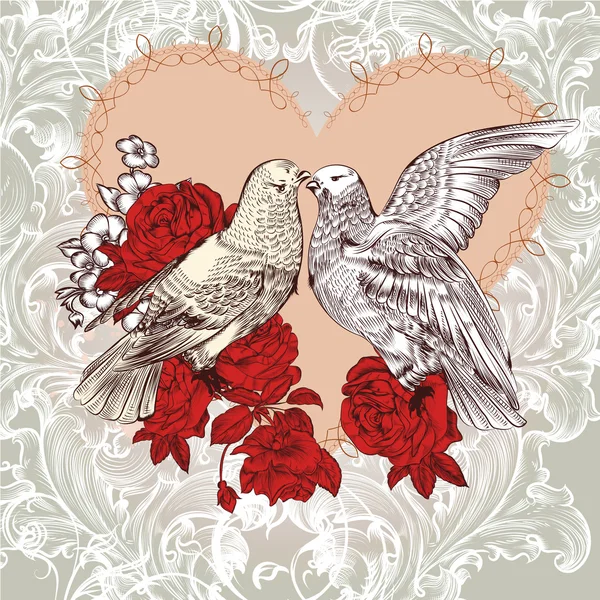 Carte de Saint-Valentin mode avec oiseaux et roses dans un style vintage — Image vectorielle