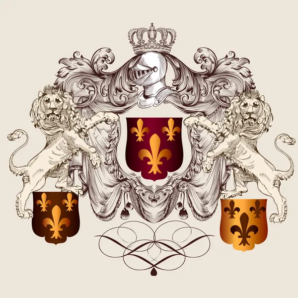 Heraldic shield with lions and fleur de lis — Stock Vector