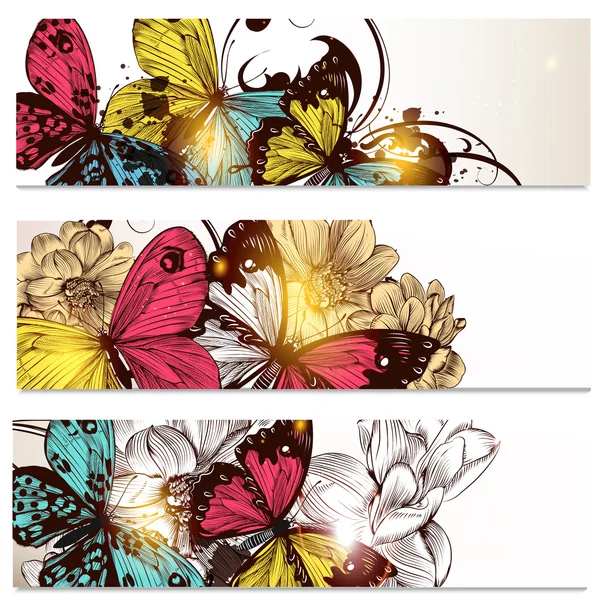 Conjunto de tarjetas de visita con mariposas y flores para el diseño — Vector de stock