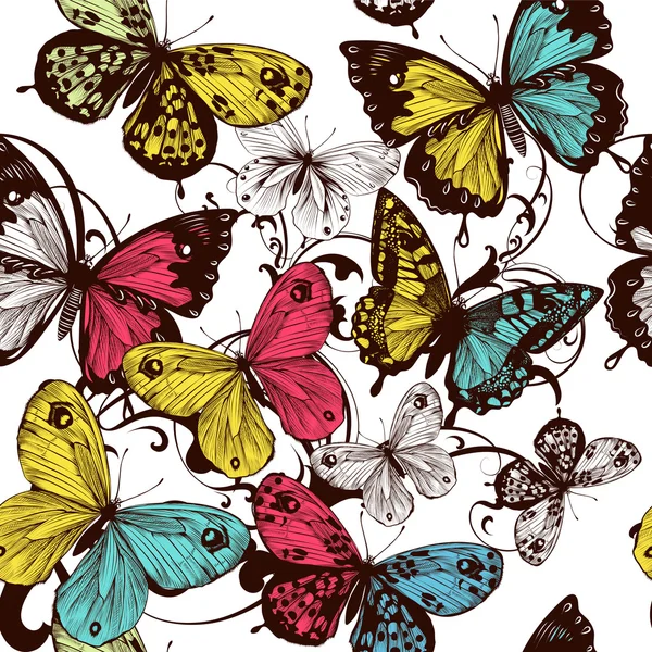 Carta da parati senza cuciture vettoriale con farfalle colorate — Vettoriale Stock