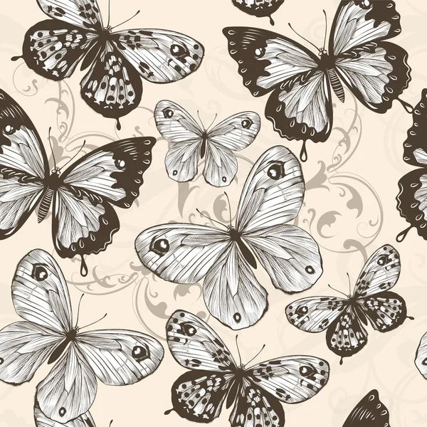 Papel de parede sem costura vetorial com redemoinhos e borboletas — Vetor de Stock