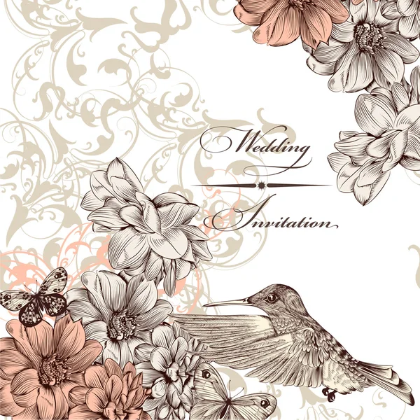 Tarjeta de invitación de boda con pájaros y mariposas — Vector de stock