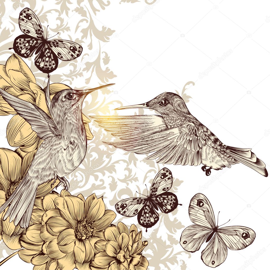 Cute vector  pattern with birds and  butterflies