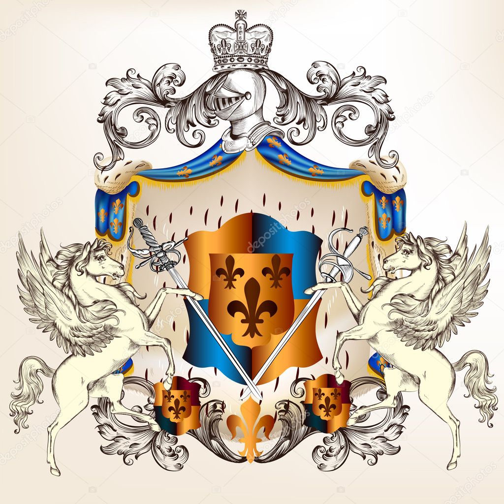 Heraldic design with coat of arms, shield and horses