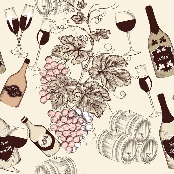 Seamless vector wallpaper design in vintage style with wine elem — Stock Vector