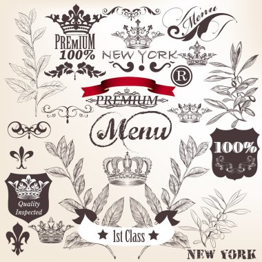 vin, dekoratif çiçek ve kaligrafi öğeleri kümesi vektör