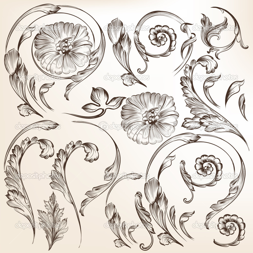 Collection of vector decorative swirl floral elements for design