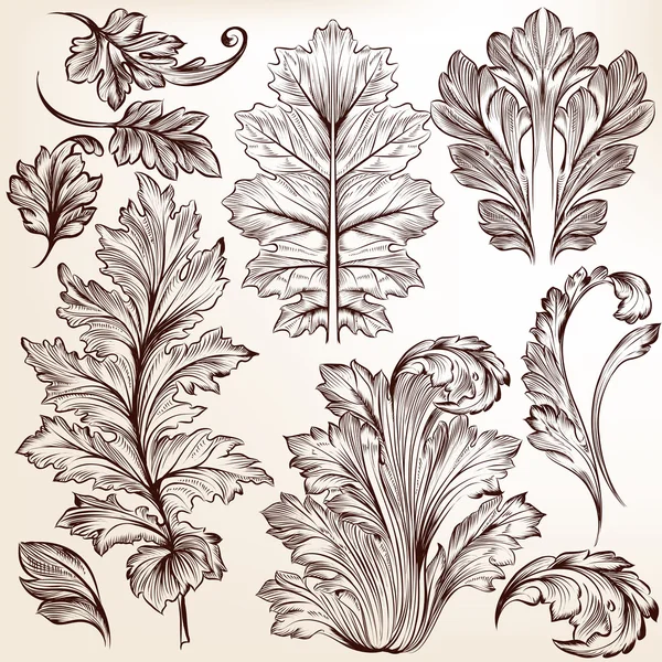 Коллекция векторных декоративных цветочных элементов в винтажном стиле — стоковый вектор