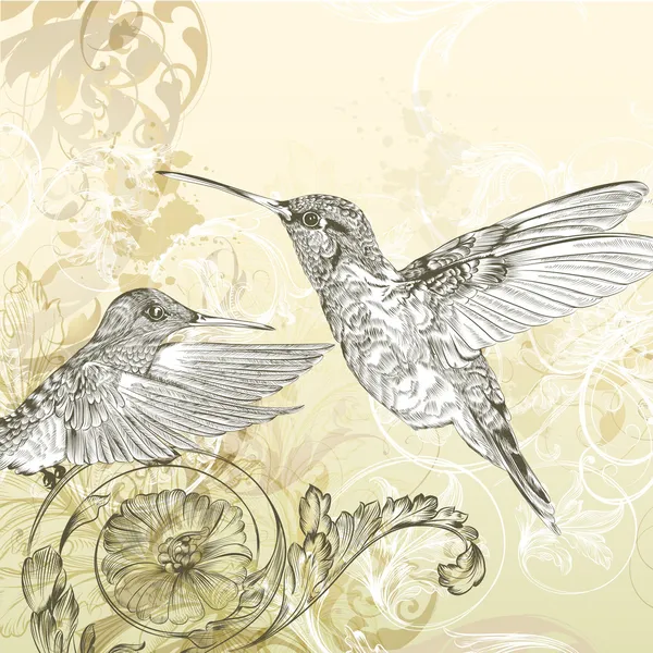 Цветочный векторный фон с жужжащей птицей и вихрями — стоковый вектор