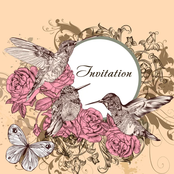 Tarjeta de invitación floral con colibríes — Vector de stock