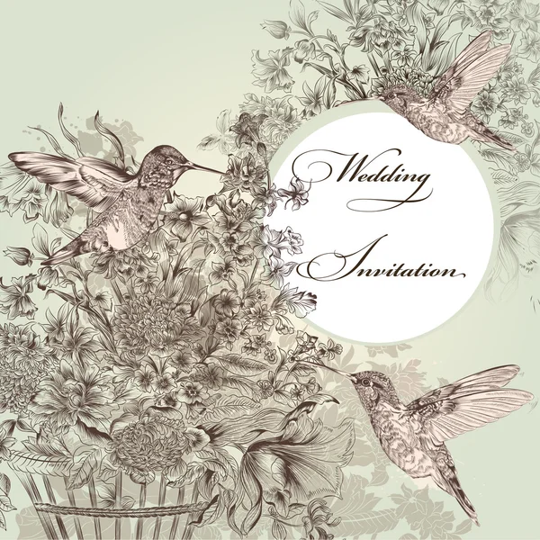 Bruiloft uitnodiging met vogels en bloemen — Stockvector