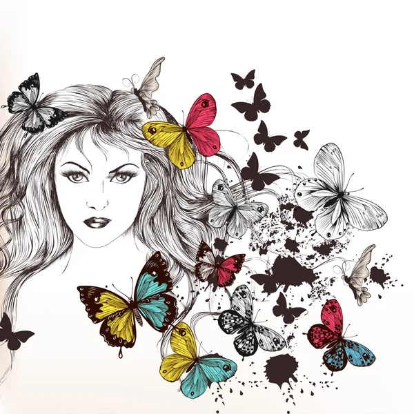Fashion vector background with pretty girl and butterflies — Stock Vector