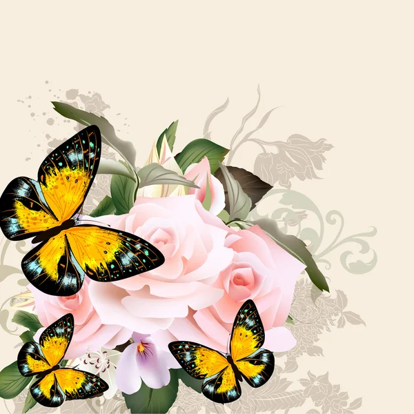 Цветочный векторный рисунок с розами и бабочками — стоковый вектор