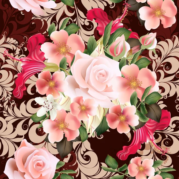 Patrón vectorial sin costura floral con flores de rosas — Vector de stock