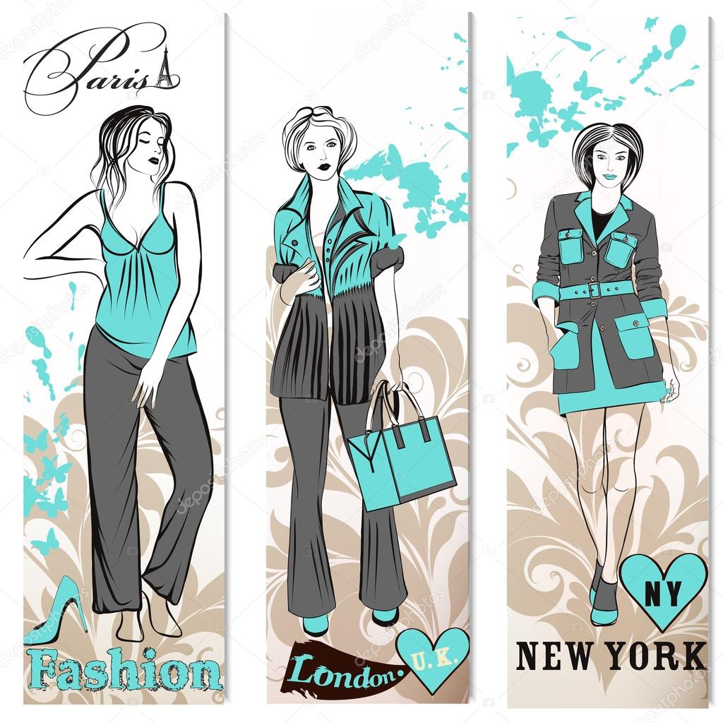 Fashion business cards set with stylish trendy girls