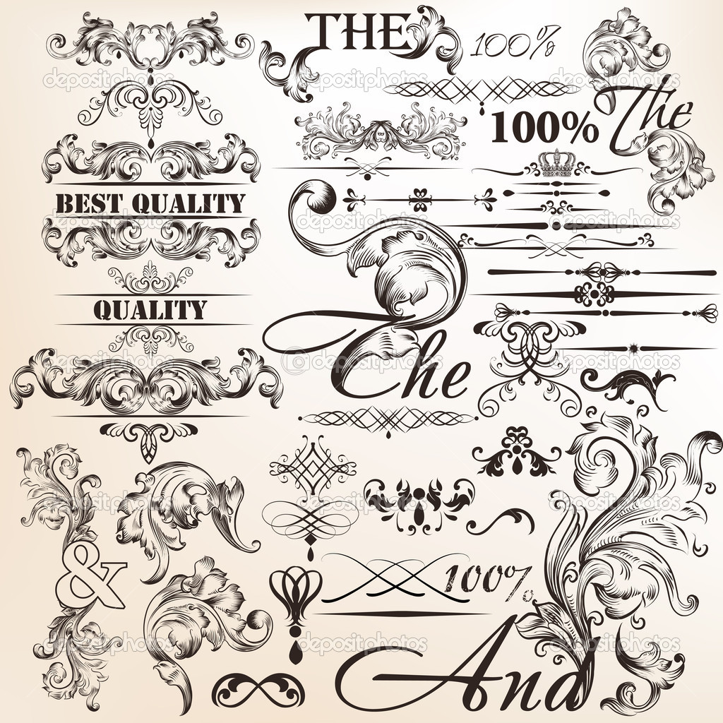 Collection of calligraphic vector decorative elements in vintage