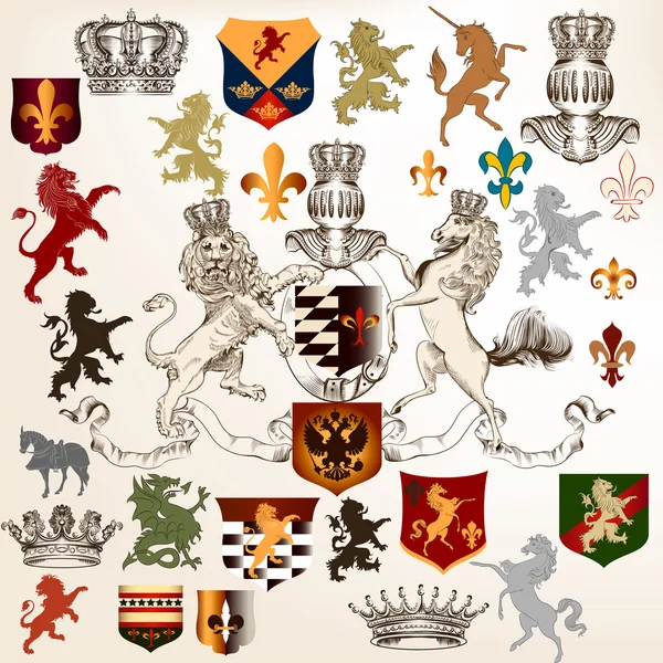 Zbiór heraldycznych elementów dekoracyjnych fleur de lis, tarcze — Wektor stockowy