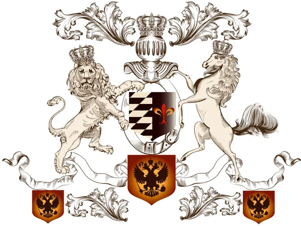 ライオン、馬、盾の紋章デザイン — ストックベクタ