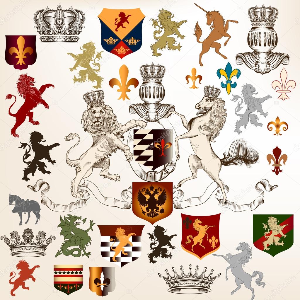 Collection of heraldic decorative elements fleur de lis, shields