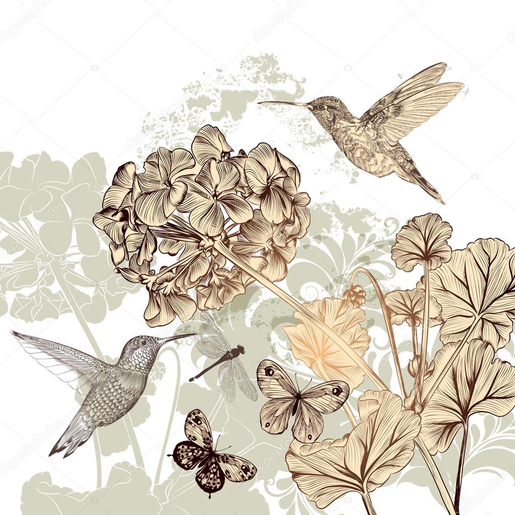 Floral background with flowers, birds and butterflies