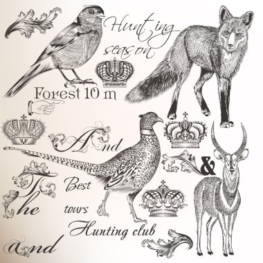 Collection of vector hand drawn animals for  hunting design clipart