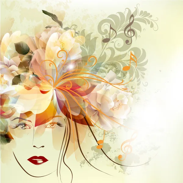 Fashion woman with beautiful face and flowers — Stock Vector