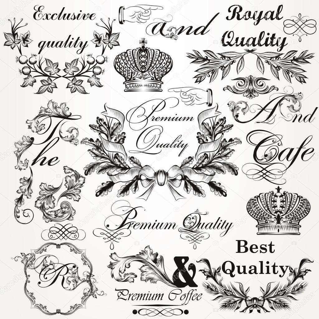 Collection of vector calligraphic elements and labels in vintage