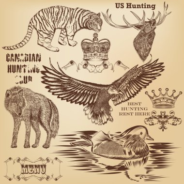 Collection of vector hand drawn animals in vintage style clipart
