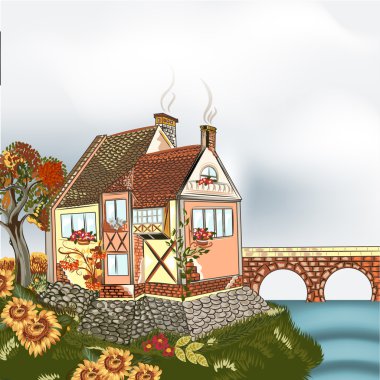 ağaçlar ve vektör kır evi ile sonbahar sahne