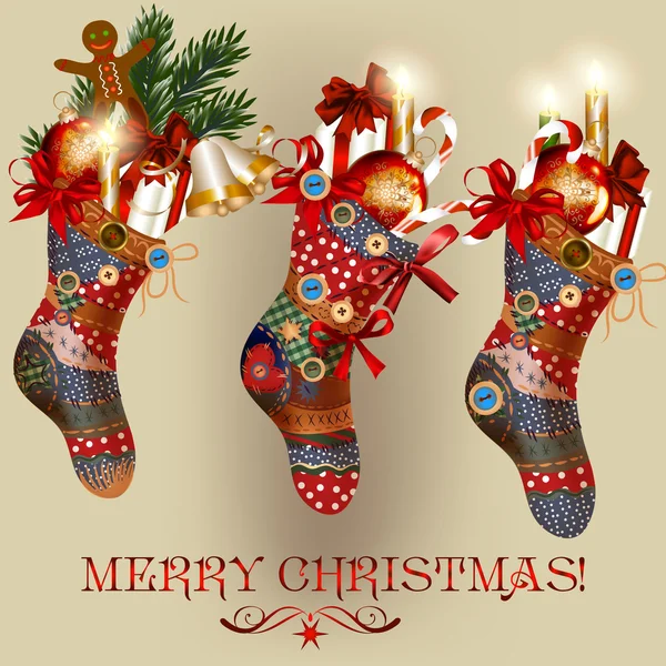 Noel kartı ile çorap, baubles, çan ve hediyeler — Stok Vektör