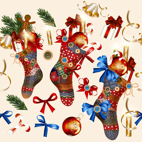 Patrón de fondo de pantalla sin costuras de Navidad con calcetines, adornos, campanas — Vector de stock