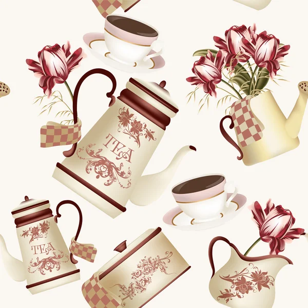 Nahtlose Tapetenmuster mit Teekannen, Tassen und Blumen — Stockvektor